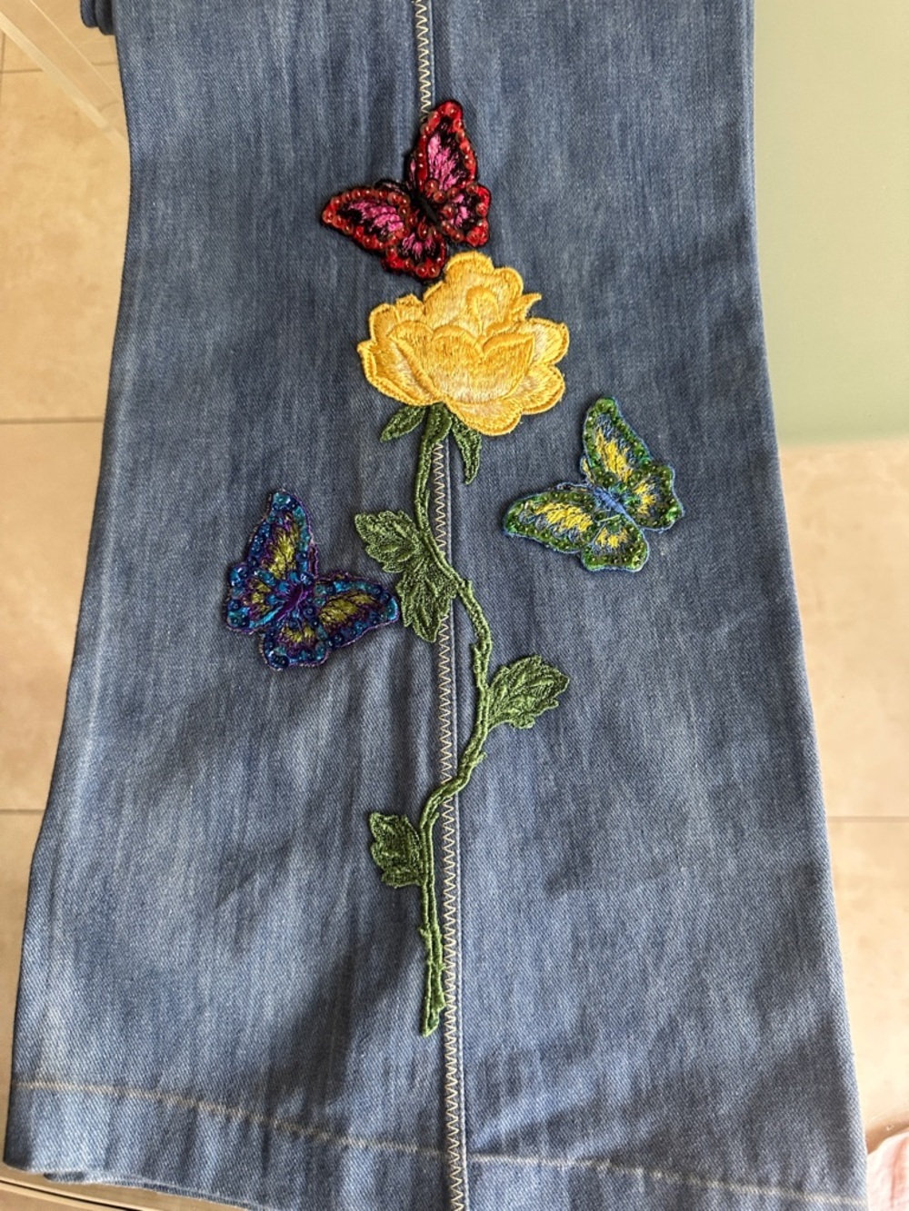 1 DAY SALE LK NEW 70s Faded Glory Wide Leg Jeans Embroidered / Sequined 🦋 & 💐 - Picture 8 of 15